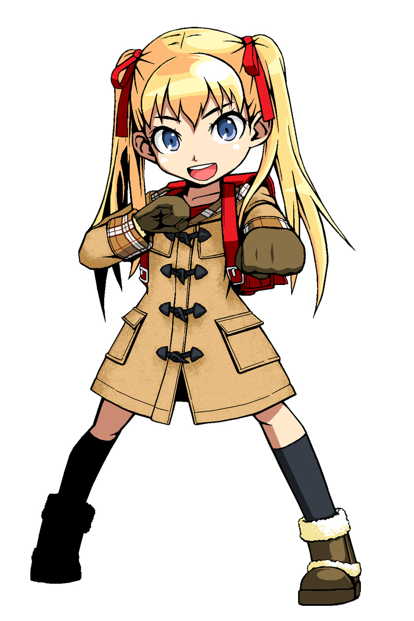 backpack bag blonde_hair blue_eyes boots bow character_request clenched_hand copyright_request gloves hair_bow highres jacket kneehighs long_hair mspaint open_mouth randoseru smile solo tomonotomono twintails