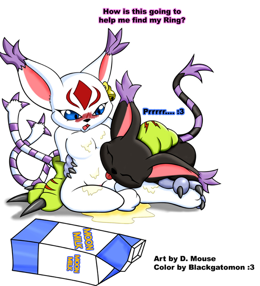 blackgatomon blue_eyes blush cat claws crow036 d.mouse digimon duo ear_piercing english_text feline female fur gatomon gatomon_x gloves licking mammal markings milk multiple_tails paws piercing plain_background purple_fur text tongue twin_tails twintails white_background white_fur