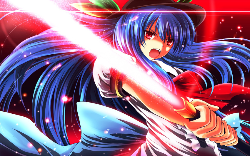 blue_hair bow hat highres hinanawi_tenshi lights long_hair looking_at_viewer nekominase open_mouth puffy_sleeves red_eyes ribbon short_sleeves smile solo sword_of_hisou touhou upper_body very_long_hair wind