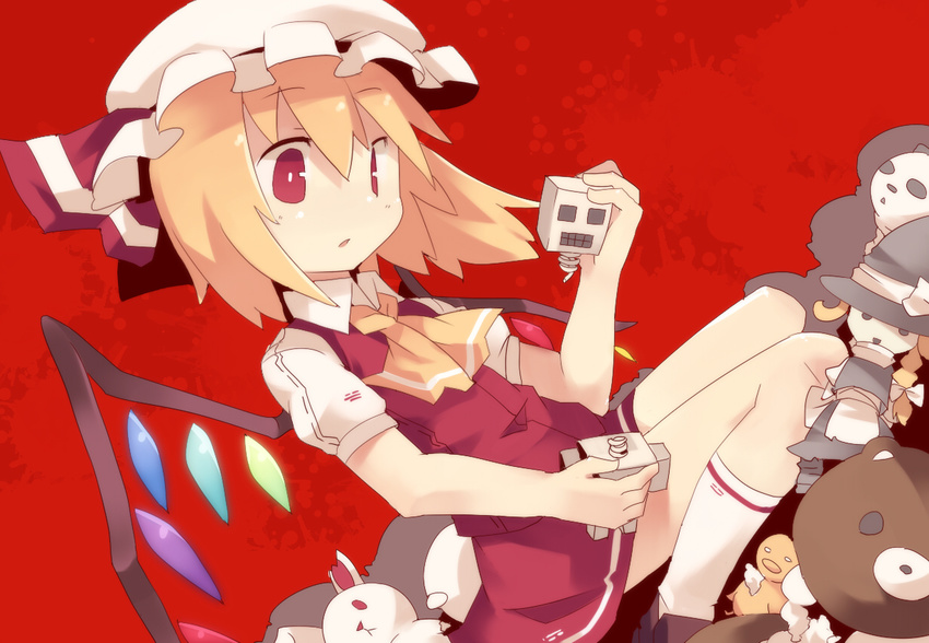 ascot blonde_hair broken character_doll doll flandre_scarlet fuukadia_(narcolepsy) hat hat_ribbon kirisame_marisa open_mouth red_background red_eyes ribbon short_hair short_sleeves side_ponytail skirt solo stuffed_animal stuffed_bunny stuffed_toy teddy_bear touhou wings witch_hat