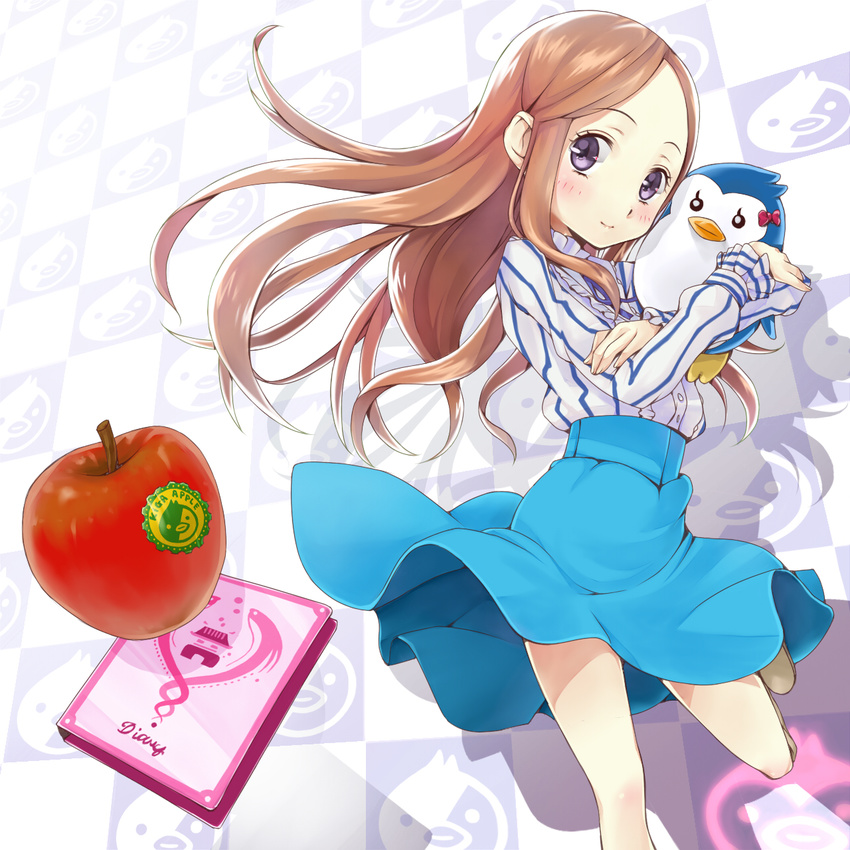 apple bad_id bad_pixiv_id blush brown_hair food fruit highres long_hair mawaru_penguindrum penguin_3-gou purple_eyes revision skirt takakura_himari umeboshitora