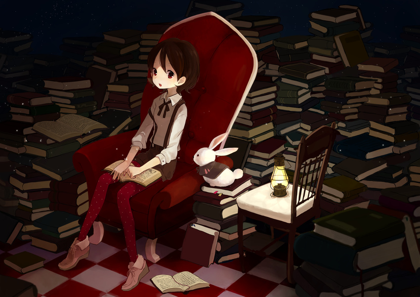 :o armchair book book_stack brown_hair bunny chair checkered checkered_floor dark highres lantern light_particles mituame nail_polish open_book original pantyhose pile_of_books polka_dot polka_dot_legwear red_eyes red_legwear short_hair shorts sitting solo strap_slip suspenders too_many too_many_books