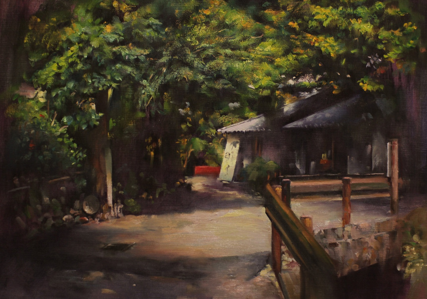 bad_id bad_pixiv_id bovod east_asian_architecture fence house no_humans oil_painting_(medium) original scenery traditional_media tree