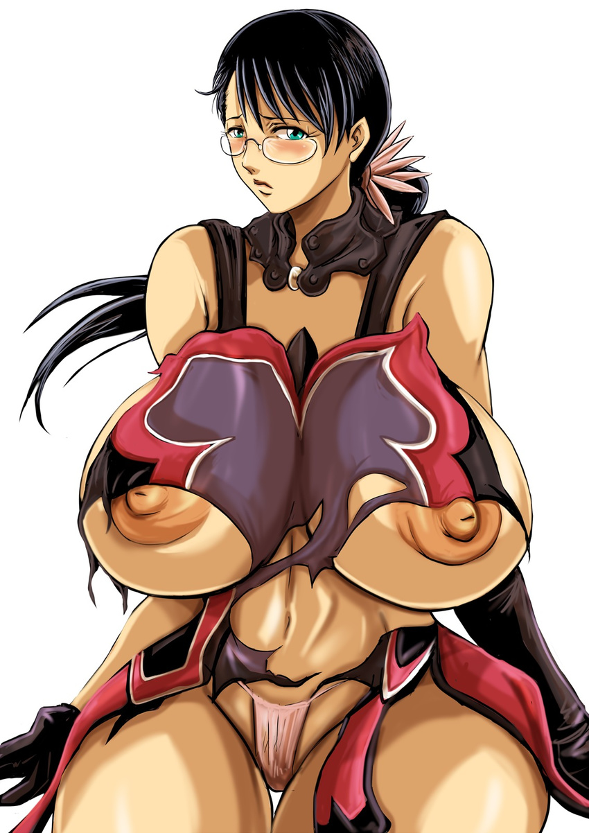 areola areolae black_hair blue_eyes blush breasts cattleya cg curvy glasses green_eyes highres hips huge_breasts huge_nipples large_areola large_areolae large_nipples looking_at_viewer milf navel nipples nonki panties ponytail puffy_nipples queen's_blade queen's_blade simple_background solo thick_thighs thighs thong torn_clothes underwear white_background