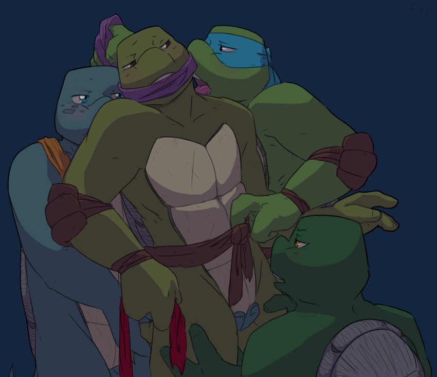 belt biceps blue_eyes blush brothers crotch_grab donatello_(tmnt) foursome gay group group_sex incest leonardo_(tmnt) licking male mask michelangelo_(tmnt) muscles mutant pecs raphael_(tmnt) reptile scalie sex shell sibling siblings teenage_mutant_ninja_turtles tongue turtle