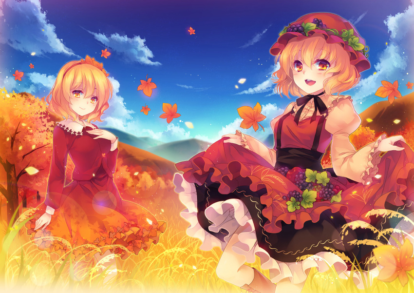 :d aki_minoriko aki_shizuha apple autumn_leaves blonde_hair blush dress food fruit grapes hair_ornament hairband hat leaf_hair_ornament lens_flare mountain multiple_girls open_mouth red_eyes shinia short_hair siblings sisters skirt_basket smile touhou tree wheat wind