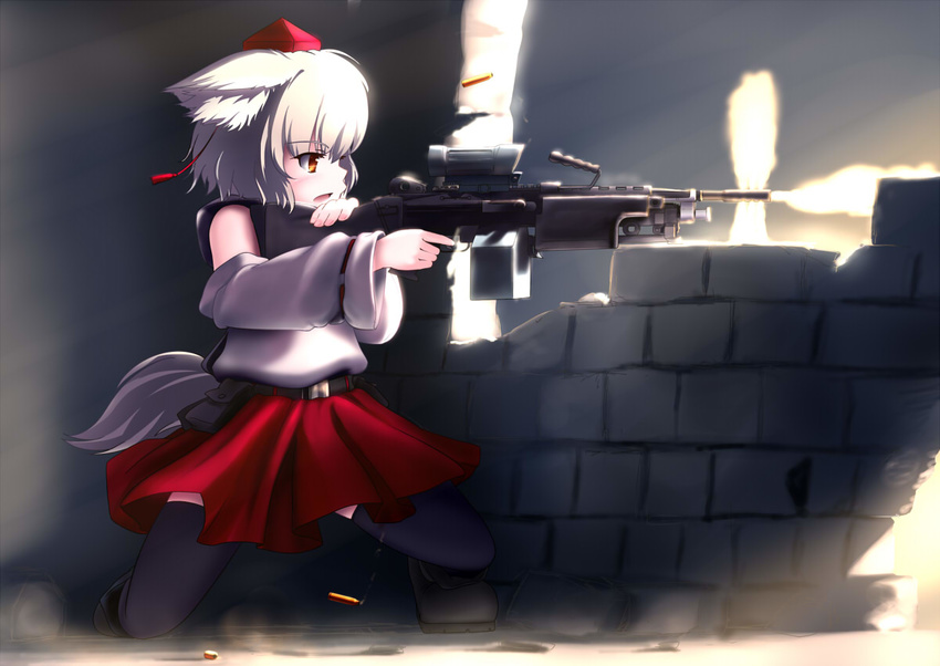 animal_ears bad_anatomy belt black_legwear brick_wall brown_eyes bullet detached_sleeves firing gun hat holding inubashiri_momiji m249 machine_gun md5_mismatch short_hair skirt solo tail thighhighs tokin_hat touhou tsubasa_(abchipika) weapon white_hair wolf_ears wolf_tail