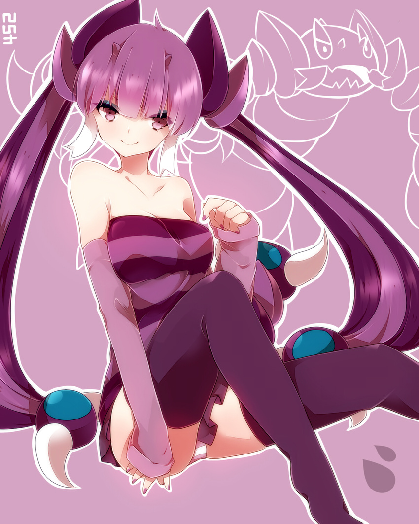 bare_shoulders breasts cleavage detached_sleeves drapion gen_4_pokemon highres horns large_breasts long_hair panties personification pokemon purple_eyes purple_hair smile solo striped striped_panties takeshima_(nia) thighhighs twintails underwear