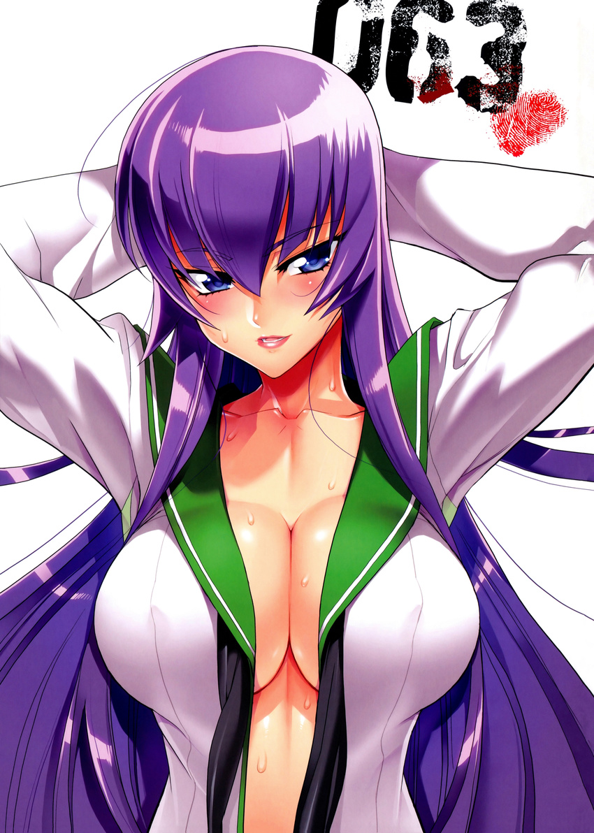 absurdres arms_behind_head arms_up bangs blue_eyes blush breasts busujima_saeko cleavage collarbone eyebrows_visible_through_hair fingerprint highres highschool_of_the_dead huge_filesize large_breasts lips long_hair no_bra open_clothes open_shirt parted_lips purple_hair satou_shouji scan school_uniform serafuku shirt simple_background solo sweat upper_body white_background