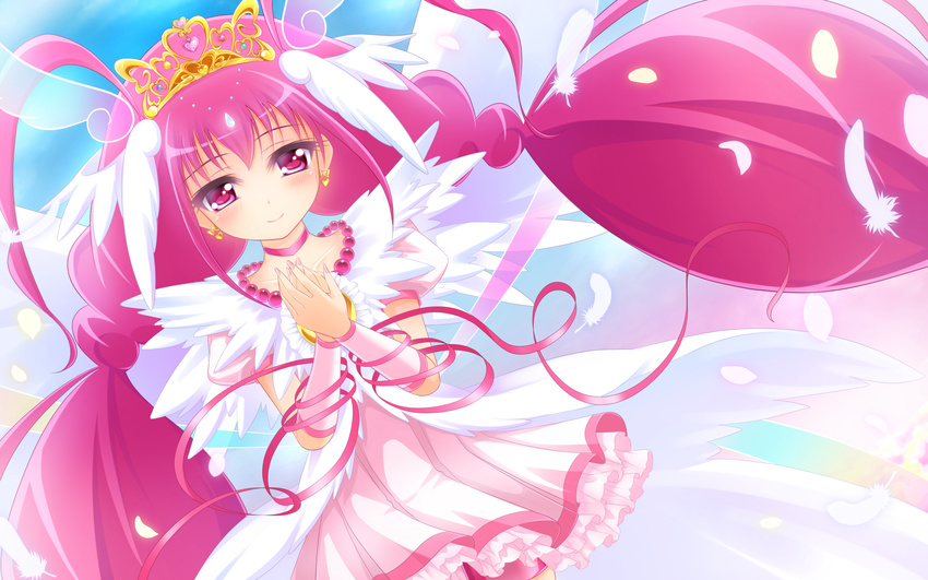 bad_id bad_pixiv_id bike_shorts blue_background choker cure_happy dutch_angle head_wings highres hoshizora_miyuki long_hair magical_girl pink pink_choker pink_eyes pink_hair pink_skirt precure princess_form_(smile_precure!) puffy_sleeves ribbon skirt smile smile_precure! solo tiara twintails yayayoruyoru