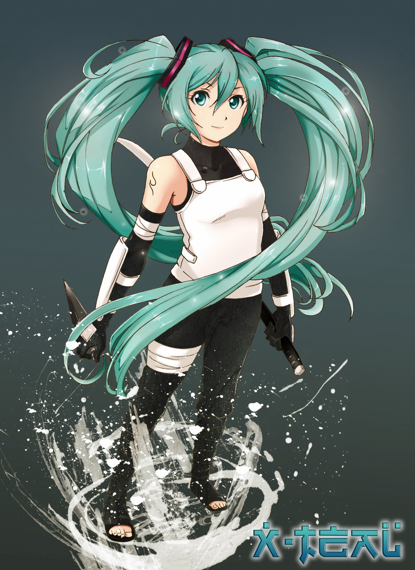 anbu bare_shoulders black_gloves bodystocking boots dual_wielding elbow_gloves full_body gloves green_eyes green_hair hatsune_miku highres holding kunai long_hair naruto naruto_(series) ninja reverse_grip solo sword tattoo toeless_boots twintails vocaloid weapon x-teal2