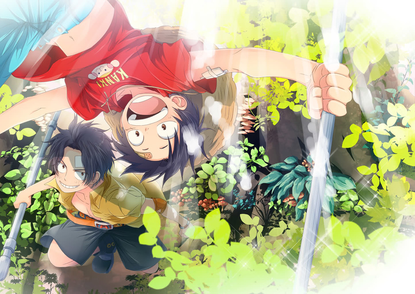 2boys bandage belt black_hair brother brothers east_blue family freckles hat jump jumping male male_focus monkey_d_luffy multiple_boys mushroom nyuu_men one_piece open_clothes open_shirt outdoors plant plants pole portgas_d_ace scar shirt shueisha siblings smile straw_hat weapon young younger