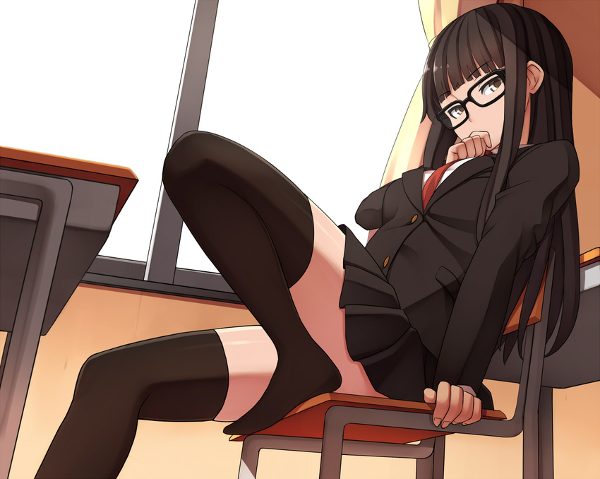 bangs black-framed_eyewear black_hair black_legwear blazer blunt_bangs brown_eyes covering_mouth glasses jacket legs long_hair long_legs necktie original pinkwaters pleated_skirt school_uniform sitting skirt solo straight_hair thighhighs zettai_ryouiki