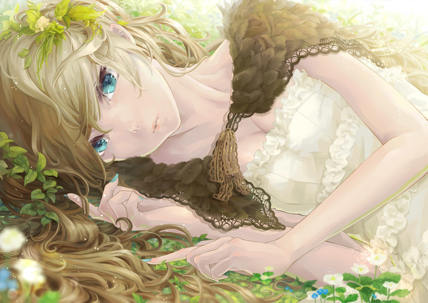 blue_eyes breasts brown_hair capelet cleavage dress face feathers fingernails flower frills leaf lips long_fingernails long_hair lying medium_breasts nail_polish nature on_side original piyotama plant solo vines