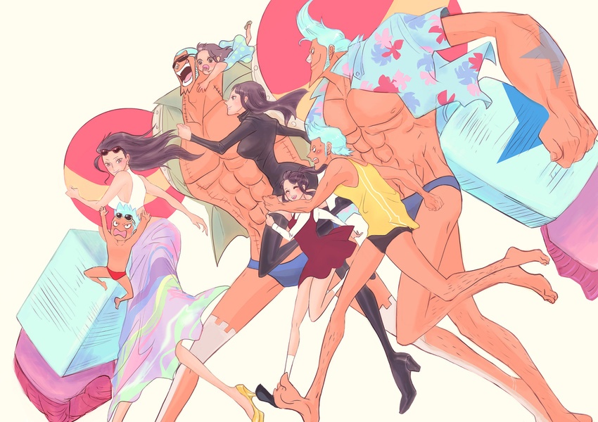 1boy 1girl abs age_difference black_hair blue_hair book cyborg dress franky goggles hawaiian_shirt iderei md5_mismatch multiple_persona nico_robin one_piece running shirt speedo sunglasses swim_briefs young younger