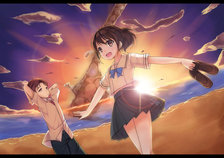 1girl amemiya_ruki beach bow brown_eyes brown_hair highres ocean robotics;notes sand school_uniform senomiya_akiho serafuku shoes skirt sunset yashio_kaito