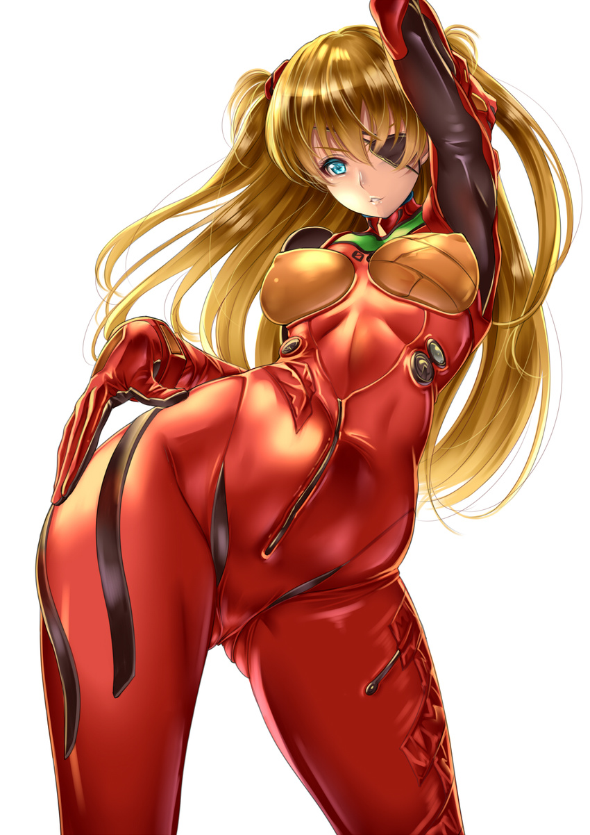 alternate_breast_size arm_up armpits bangs blue_eyes bodysuit bracer breasts contrapposto covered_nipples cowboy_shot duct_tape evangelion:_3.0_you_can_(not)_redo eyepatch from_below gloves hand_on_hip highres hips impossible_bodysuit impossible_clothes large_breasts light_brown_hair long_hair looking_at_viewer looking_down neon_genesis_evangelion parted_lips pilot_suit plugsuit rebuild_of_evangelion saburou_(hgmg) shikinami_asuka_langley simple_background skin_tight solo souryuu_asuka_langley standing turtleneck two_side_up white_background