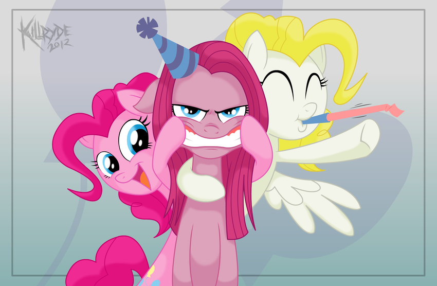 blonde_hair blue_eyes cutie_mark equine eyes_closed female feral friendship_is_magic fur group hair horse killryde looking_at_viewer mammal my_little_pony party_hat pegasus pink_fur pink_hair pinkamena_(mlp) pinkie_pie_(mlp) pony square_crossover surprise_(mlp) white_fur wings