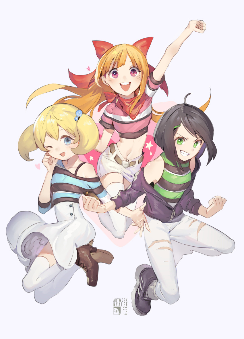 3girls absurdres arm_up belt black_hair blonde_hair blossom_(ppg) blue_eyes bow brown_hair bubbles_(ppg) buttercup_(ppg) clenched_hand crop_top dress green_eyes hair_bow high_heels highres jacket looking_at_viewer midriff multiple_girls navel off_shoulder one_eye_closed open_mouth pants pink_eyes powerpuff_girls redesign scarf shirt shoes simple_background skirt sleeveless smile sneakers striped striped_shirt torn_clothes torn_pants twintails unzipped velahka white_background white_legwear white_pants white_skirt