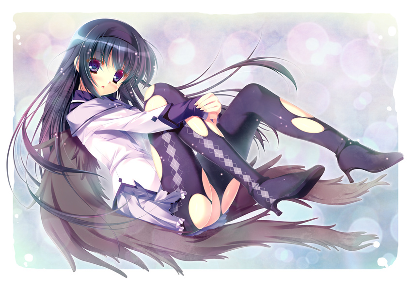 akemi_homura argyle argyle_legwear black_hair black_wings blush boots futaori_arisa hairband leg_hug long_hair magical_girl mahou_shoujo_madoka_magica pantyhose purple_eyes revision solo torn_clothes torn_legwear very_long_hair wings