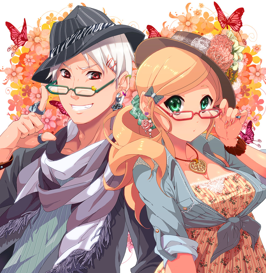 1girl axis_powers_hetalia bespectacled blonde_hair earrings fashion fedora fingernails floral_print flower glasses green_eyes hair_ornament hat highres hungary_(hetalia) jewelry keiko_rin prussia_(hetalia) red_eyes revision ring scrunchie sleeves_rolled_up white_hair wristband