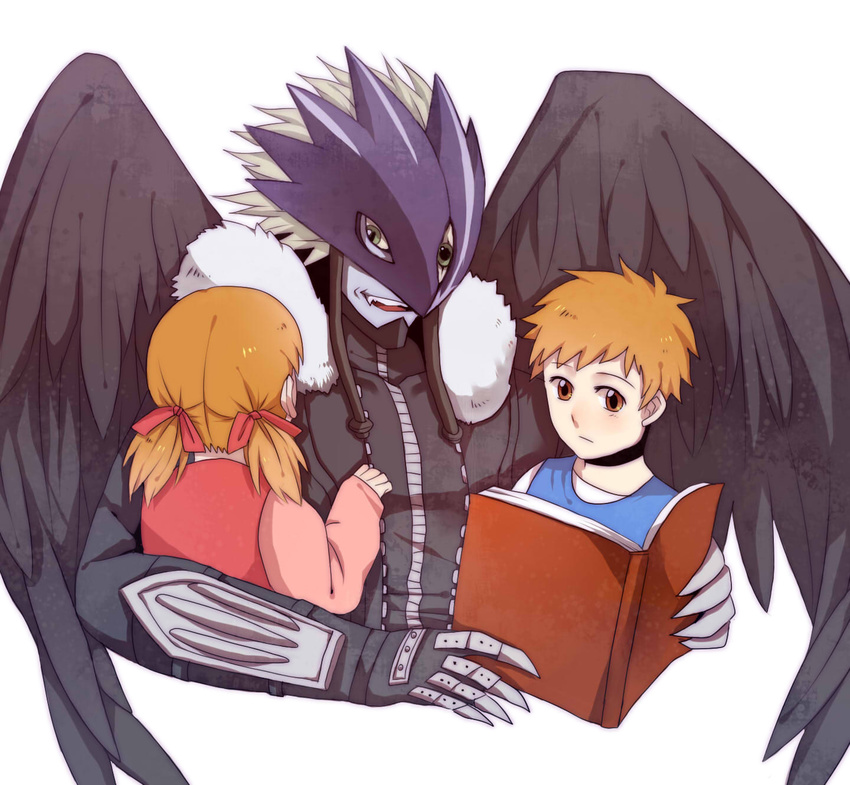 1girl ai_(digimon_tamers) beelzebumon black_wings blonde_hair book brown_eyes brown_hair digimon digimon_tamers fur_coat gauntlets green_eyes hair_ribbon highres makoto_(digimon_tamers) mask owlkkk ribbon short_hair third_eye twintails wings