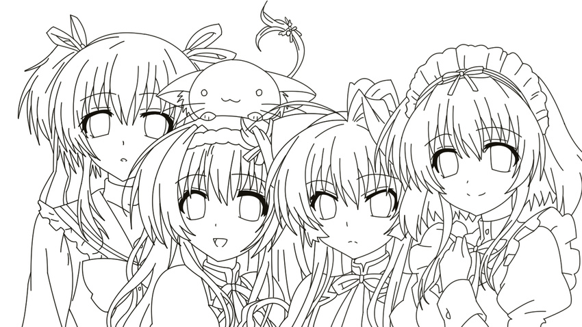 4girls :d animal bad_id bad_pixiv_id cat juliet_sleeves lineart long_hair long_sleeves maid maid_headdress mashiroiro_symphony monochrome multiple_girls open_mouth puffy_sleeves simple_background smile upper_body white_background