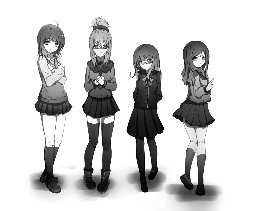 4girls annoyed arms_behind_back black_legwear boots breasts coat frown hair_up k k_(kkk) large_breasts loafers long_hair looking_back monochrome multiple_girls original pantyhose payot school_uniform shaded_face shoes short_hair sidelocks simple_background skirt smile socks sweater_vest thighhighs zettai_ryouiki