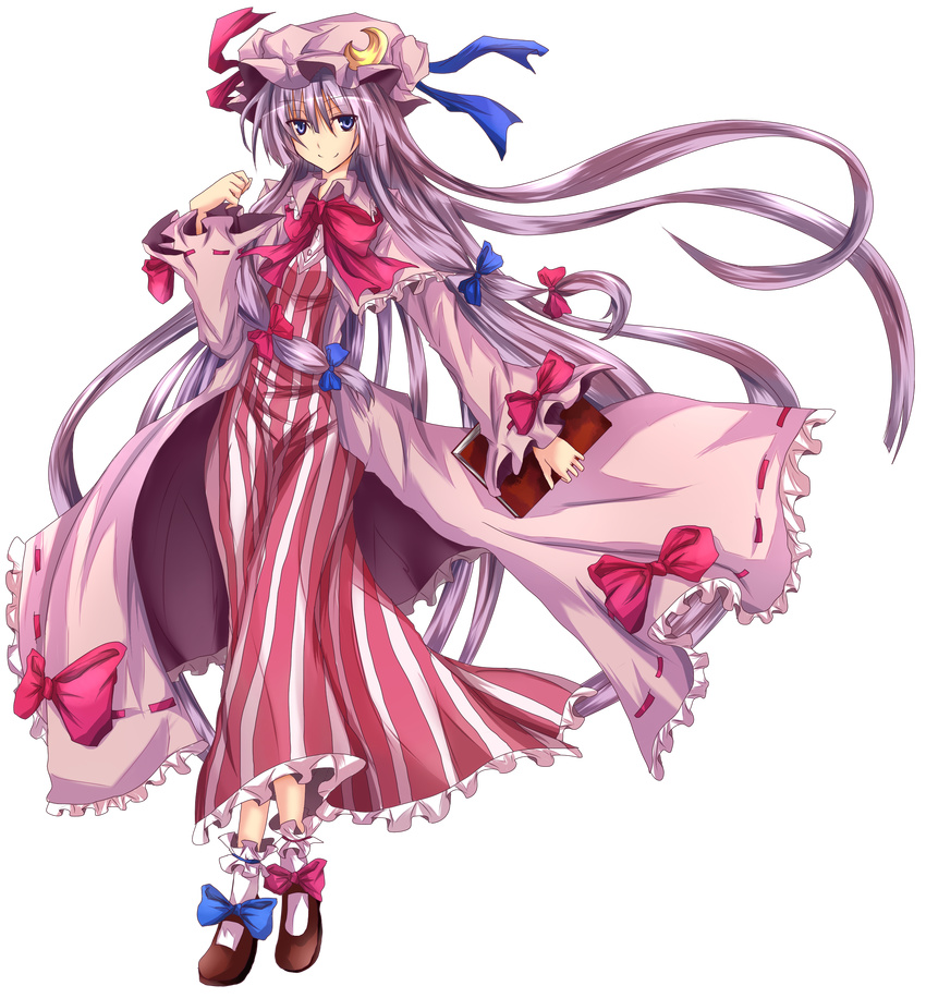 absurdres blue_eyes bonnet book bow crescent frills full_body hair_bow highres long_hair pajamas patchouli_knowledge purple_hair ram_hachimin revision smile solo touhou transparent_background very_long_hair