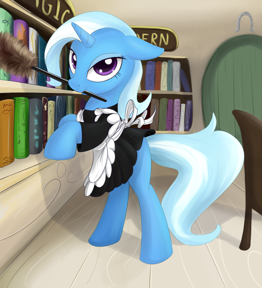 book clothing equine feather_duster female feral friendship_is_magic hair horn library looking_at_viewer maid maid_uniform mammal my_little_pony purple_eyes smile sokolas solo trixie_(mlp) two_tone_hair unicorn