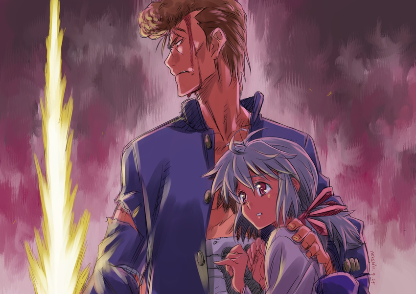 1girl bandages blood blood_on_face blue_hair brown_hair energy_sword height_difference isedaichi_ken kuwabara_kazuma pompadour ponytail red_eyes revision sword torn_clothes weapon yukina_(yuu_yuu_hakusho) yuu_yuu_hakusho