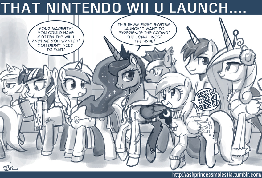2012 belle_eve_(mlp) clothed clothing cutie_mark derpy_hooves_(mlp) dialog earbuds earmuffs english_text equine female feral friendship_is_magic fur_trim group hair hoodie horn john_joseco long_hair lyra_heartstrings_(mlp) male mammal monochrome my_little_pony open_mouth pegasus princess_cadance_(mlp) princess_luna_(mlp) royal_guard_(mlp) shining_armor_(mlp) shirt_logo signature text thestral tumblr twilight_sparkle_(mlp) two_tone_hair unicorn winged_unicorn wings