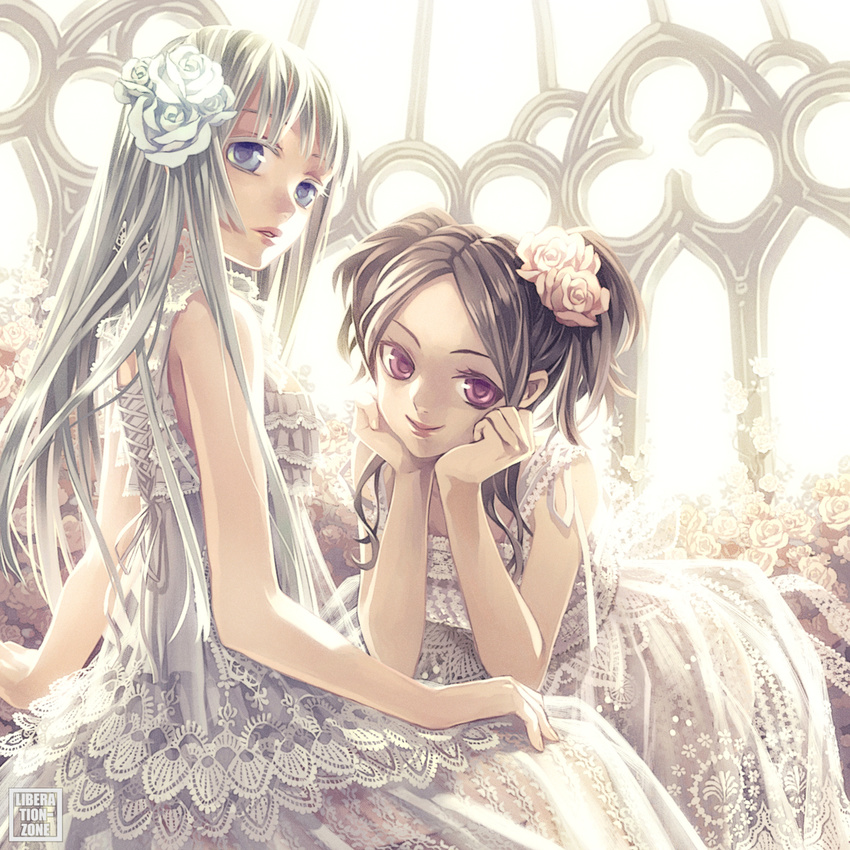 bare_shoulders blonde_hair blue_eyes brown_hair chin_rest colored_eyelashes dress flower hair_flower hair_ornament hands_on_own_cheeks hands_on_own_face highres lace long_hair minami_seira multiple_girls original parted_lips purple_eyes revision rose smile twintails white white_dress window
