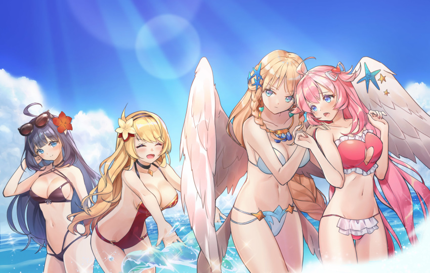 4girls :d :o ^_^ ahoge angel_wings artemia_(king's_raid) aselica_(king's_raid) bikini black_bikini black_hair blonde_hair blue_bikini blue_eyes breasts chibi_vanille choker cleavage closed_eyes cloud earrings eyes_closed eyewear_on_head flower frills groin hair_flower hair_ornament hairband hand_on_another's_shoulder heart heart_cutout heart_earrings heart_hair_ornament hibiscus highres jewelry king's_raid large_breasts light_rays long_hair mirianne_(king's_raid) multiple_girls navel necklace ocean one-piece_swimsuit open_mouth pink_hair red_swimsuit shea_(king's_raid) sky smile splashing star starfish_hair_ornament sunbeam sunglasses sunlight swimsuit tri_braids two_side_up very_long_hair wading water wings