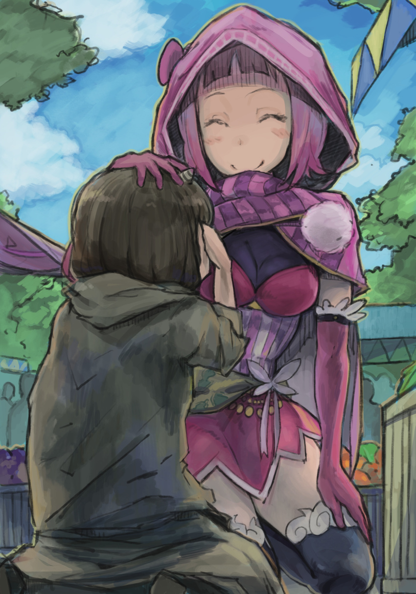 1girl ^_^ amami_haruka blush bob_cut breasts brown_hair bug butterfly cleavage cloak closed_eyes cloud code-aa commentary_request crying day elbow_gloves gloves hand_on_another's_head highres hood horns idolmaster idolmaster_(classic) insect kneeling medium_breasts outdoors partial_commentary pink_hair scarf short_hair sky smile thighhighs