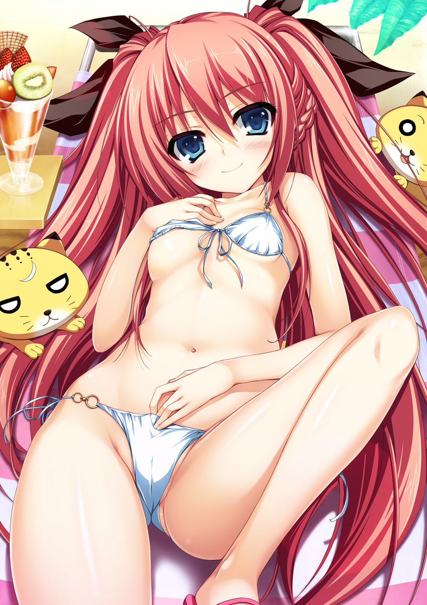 absurdres akatsuki_no_goei belly bikini bikini_lift blue_eyes braid breasts cameltoe cat chair front-tie_top groin hair_ribbon half_updo hand_on_own_chest hand_on_own_stomach highres long_hair lounge_chair lying navel nikaidou_reika o-ring o-ring_bottom o_o on_back parfait red_hair ribbon scan side-tie_bikini small_breasts solo spread_legs swimsuit thighs tomose_shunsaku two_side_up underboob very_long_hair white_swimsuit
