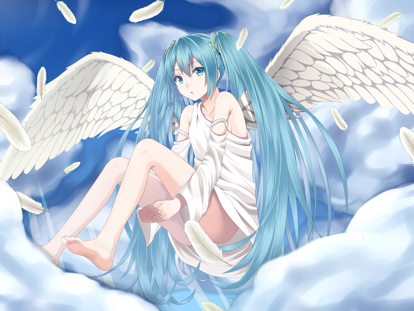 aqua_eyes aqua_hair bad_id bad_pixiv_id barefoot censored cloud convenient_censoring feathers feet hatsune_miku heisei_yutorin leg_hug long_hair revision solo twintails very_long_hair vocaloid wings