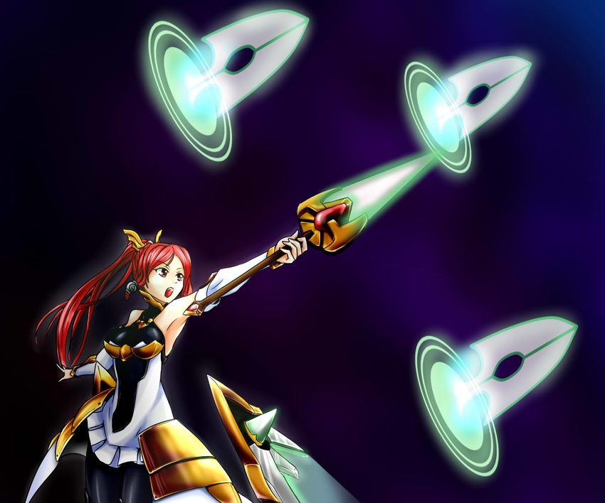 armor armored_dress armpits black_legwear blazblue blazblue:_chronophantasma breasts detached_collar faulds hair_ornament hair_tubes halterneck izayoi_(blazblue) long_hair medium_breasts owl_(owl_1231) pantyhose ponytail red_hair shield solo sword tsubaki_yayoi weapon