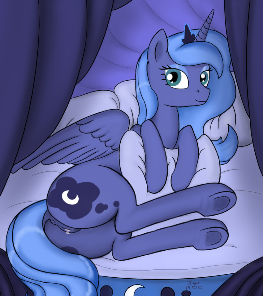 anus bed blue_eyes blue_fur blue_hair cutie_mark equine female feral friendship_is_magic fur hair horn horse looking_at_viewer mammal my_little_pony pillow pony princess_luna_(mlp) pussy pussy_juice solo winged_unicorn wings xyi