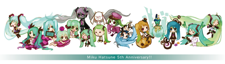 &gt;_&lt; :3 absurdres ahoge apple aqua_eyes aqua_hair bandaid character_name chibi closed_eyes detached_sleeves eruri_(mgmn) food fruit gloves green_eyes green_hair hannyashingyou_pop_(vocaloid) hat hatsune_miku hatsune_miku_no_shoushitsu_(vocaloid) highres ievan_polkka_(vocaloid) jack-o'-lantern kneehighs long_hair middle_finger miku_miku_ni_shite_ageru_(vocaloid) mini_hat mini_top_hat mrs.pumpkin_no_kokkei_na_yume_(vocaloid) multiple_girls necktie netoge_haijin_sprechchor_(vocaloid) nyanyanyanyanyanyanya!_(vocaloid) open_mouth orange_hair outstretched_arms peaked_cap pillow red_eyes rolling_girl_(vocaloid) romeo_to_cinderella_(vocaloid) saihate_(vocaloid) senbon-zakura_(vocaloid) skirt songover spread_arms spring_onion tell_your_world_(vocaloid) thighhighs top_hat twintails upside-down very_long_hair vocaloid world_is_mine_(vocaloid)