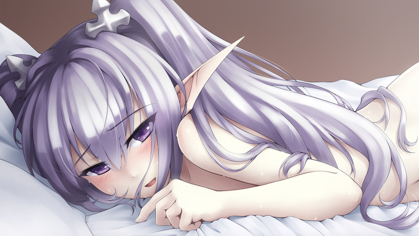 afterglow agarest_senki agarest_senki_(series) blush fyuria_(agarest_senki) hair_ornament highres lavender_hair long_pointy_ears looking_at_viewer lying nude on_stomach pointy_ears purple_eyes ricegnat shiny shiny_hair solo sweat twintails