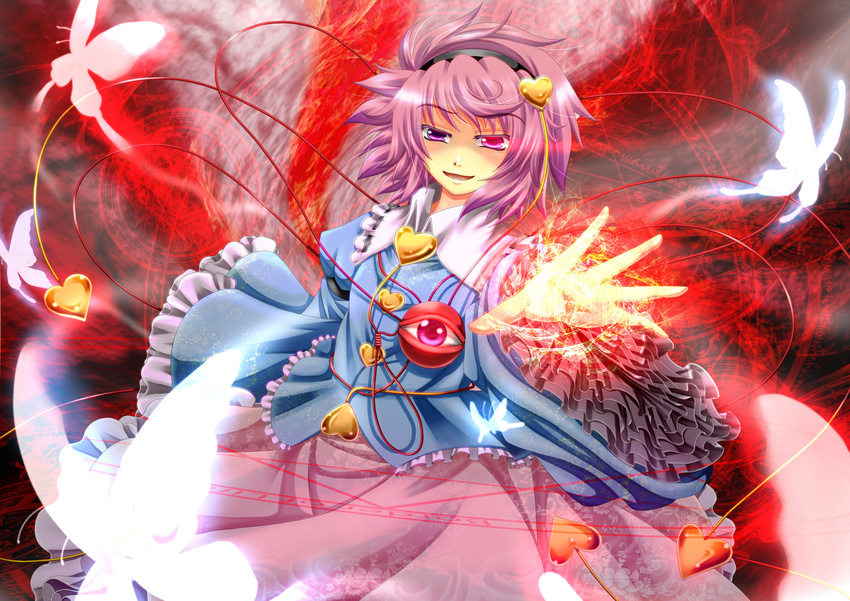 absurdres archienemy bug butterfly eyeball glowing glowing_eye heart highres insect komeiji_satori magic_circle open_mouth outstretched_hand purple_eyes purple_hair revision short_hair smile solo touhou