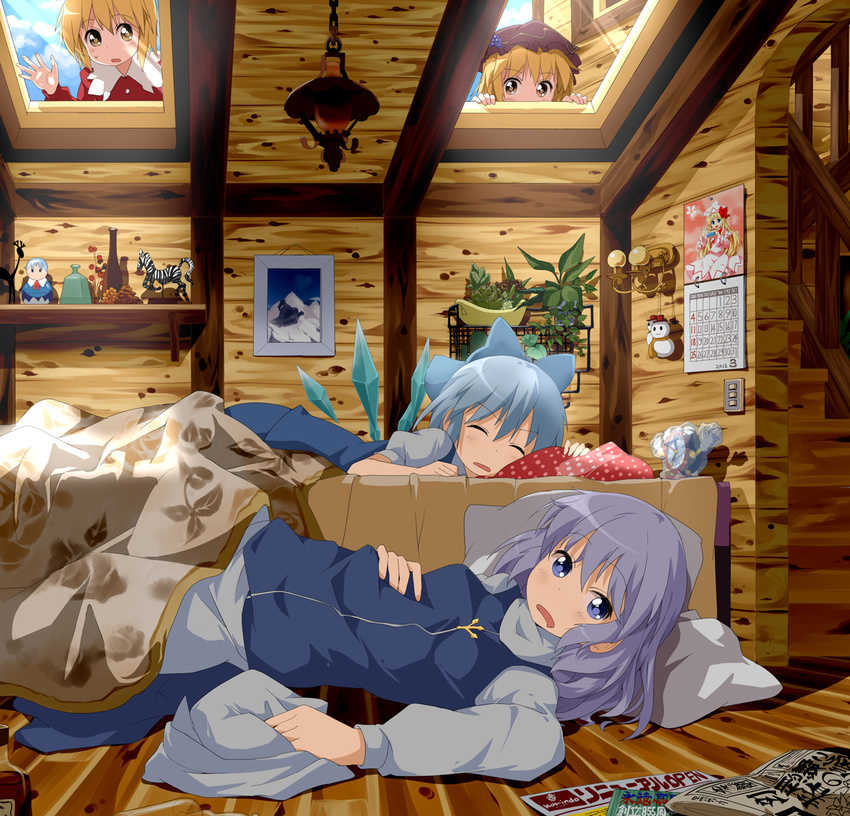 aki_minoriko aki_shizuha alarm_clock apron bed blanket blonde_hair blue_dress blue_sky bow calendar_(object) character_doll cirno clock dress floral_print food frozen fruit grapes hair_bow hand_on_own_stomach hat hat_removed headwear_removed highres lamp letty_whiterock lily_white long_hair long_sleeves looking_at_viewer lying mountain multiple_girls newspaper on_back on_bed on_floor on_stomach picture_(object) pillow plant potted_plant puffy_sleeves purple_eyes purple_hair ruu_(tksymkw) shelf short_hair short_sleeves siblings silver_hair sisters sky sleeping snowman stairs touhou waist_apron white_dress window wings yellow_eyes zebra