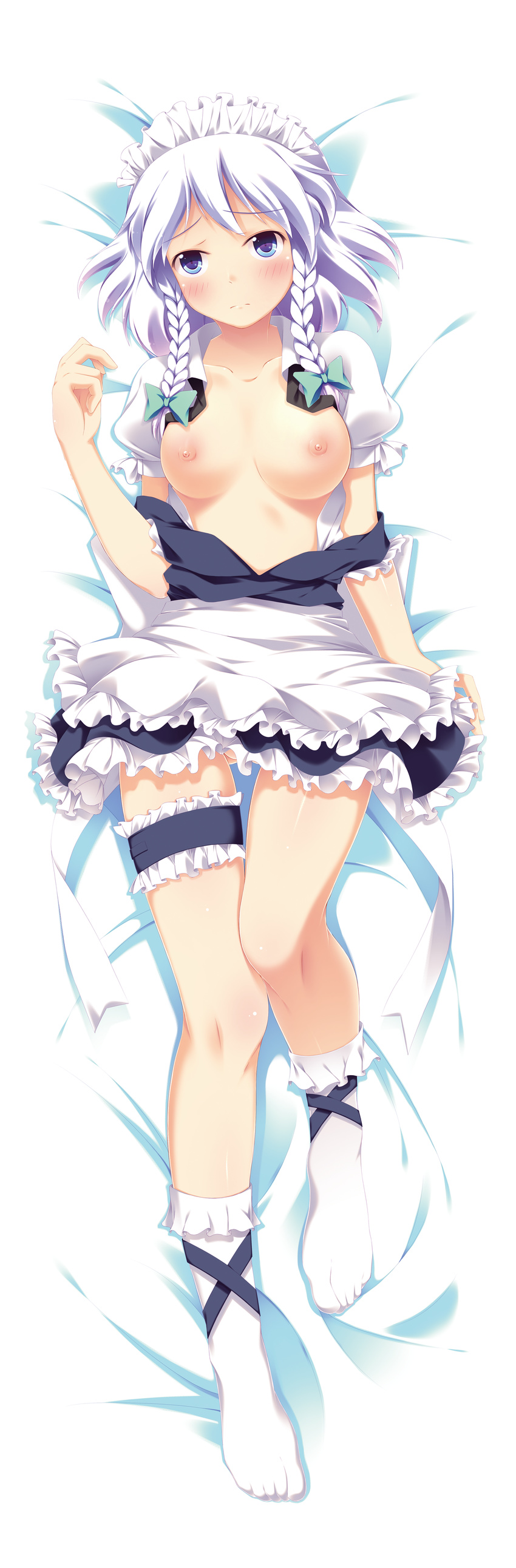 1girl absurdres artist_request bed blue_eyes breasts female highres izayoi_sakuya long_image lying short_hair tall_image terasur touhou
