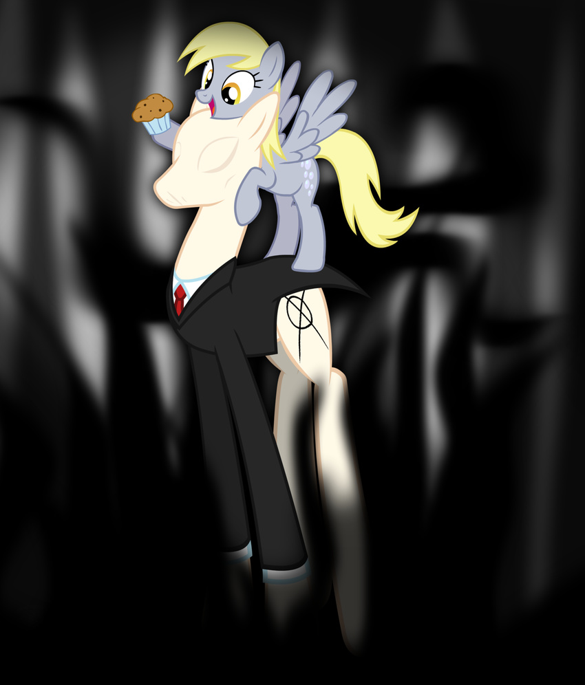 blonde_hair cutie_mark derpy_hooves_(mlp) duo equine female feral food friendship_is_magic hair horse jananimations male mammal muffin my_little_pony necktie no_face pegasus pony slenderman slendermane suit tall tree wings wood