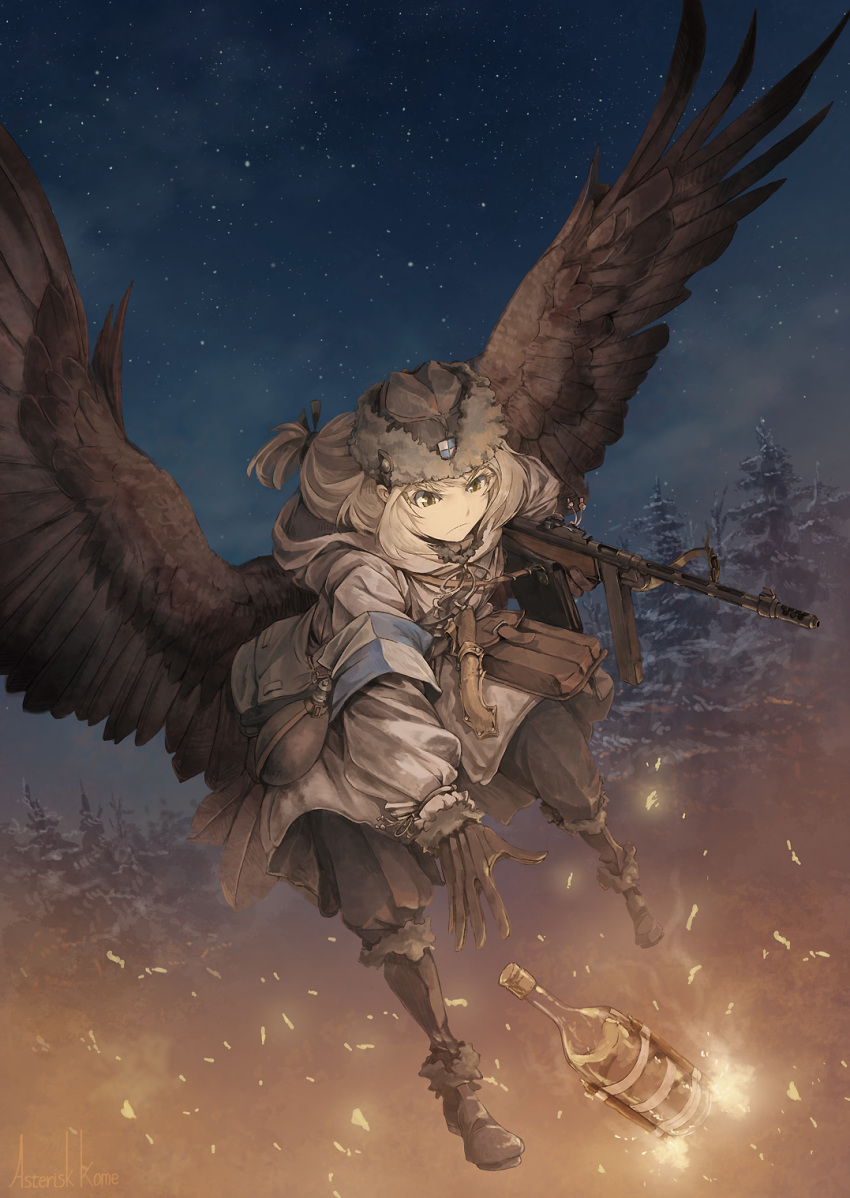 1girl ammunition_pouch asterisk_kome blonde_hair boots bottle cold commentary feathered_wings fire flying fur_hat fur_trim gloves gun hat highres military military_uniform molotov_cocktail original pouch snow solo submachine_gun suomi_kp/-31 tree uniform ushanka weapon winged_fusiliers wings winter_clothes