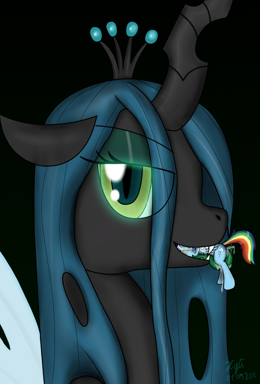 anus changeling cutie_mark duo equine feeding female feral friendship_is_magic green_eyes hair horn horse licking looking_at_viewer macro mammal micro multi-colored_hair my_little_pony pegasus pony pussy queen_chrysalis_(mlp) rainbow_dash_(mlp) rainbow_hair saliva signature size_difference tongue vorarephilia vore wings xyi