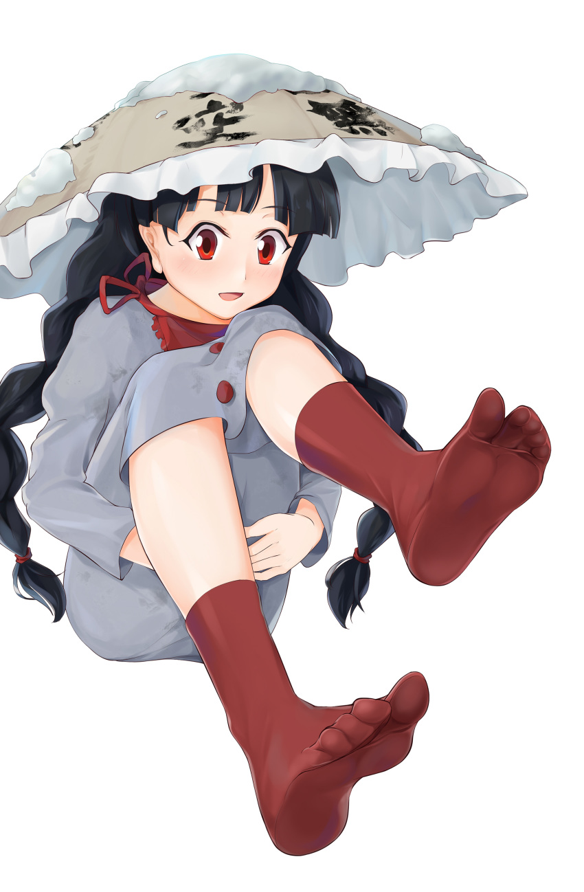 absurdres ajirogasa black_hair braid buttons capelet clothes_writing commentary_request dress earlobes feet full_body grey_dress hands_together hands_under_legs hat highres jizou knees_up long_hair long_sleeves open_mouth puchikya red_capelet red_eyes red_legwear sitting smile snow snow_on_head socks soles solo toes touhou tube_socks twin_braids white_background yatadera_narumi