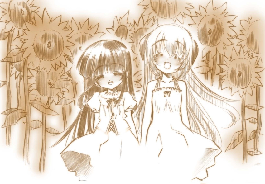 blush closed_eyes furude_rika hanyuu highres higurashi_no_naku_koro_ni horns long_hair monochrome multiple_girls open_mouth senomoto_hisashi smile very_long_hair