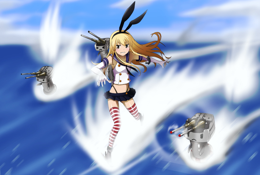 anchor_hair_ornament black_panties blue_skirt breasts closed_mouth commentary_request crop_top elbow_gloves gloves hair_ornament hairband highleg highleg_panties highres kakkii kantai_collection long_hair looking_at_viewer microskirt panties rensouhou-chan sailor_collar school_uniform serafuku shimakaze_(kantai_collection) skirt solo striped striped_legwear surfing thighhighs thong underwear white_gloves